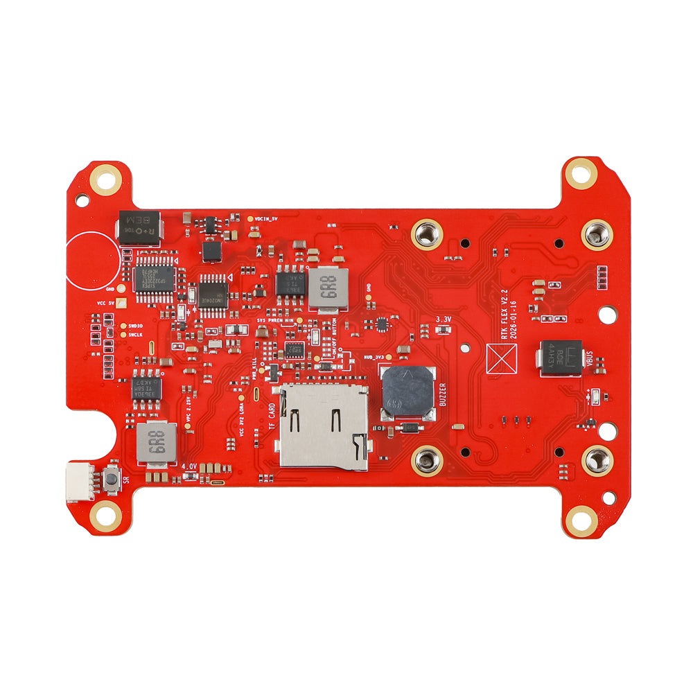Red electronic circuit board with various components on a white background