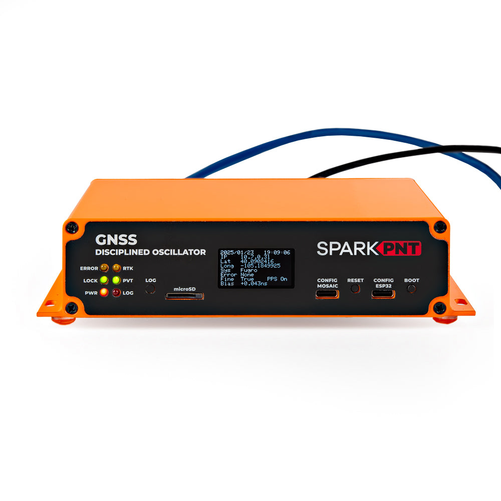 Orange and black GNSSDO device with 'SparkPNT' logo on a white background